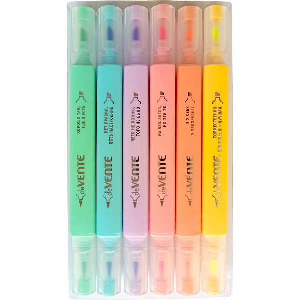 Набор маркеров текст. 6 шт. "deVENTE. Mentality" (желт, зел, оранж, роз, сирен, гол), двусторонние (кистевидный 2 мм/скошенный до 4 мм), трёхгранный корпус, в пластиковом блистере