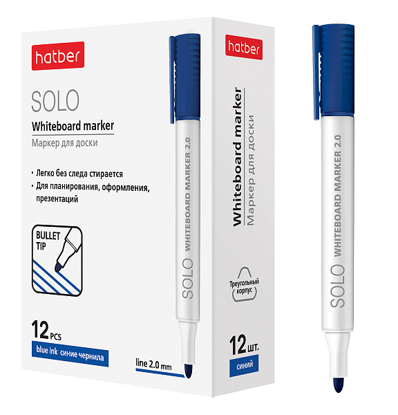 Маркер для доски Hatber Solo 2 мм закругленный пишущий узел Синий 