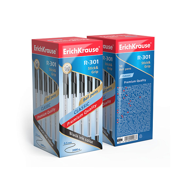 Ручка шариковая ErichKrause R-301 Stick&Grip Classic 1.0 мм ЧЕРНАЯ (в коробке по 50 шт.)