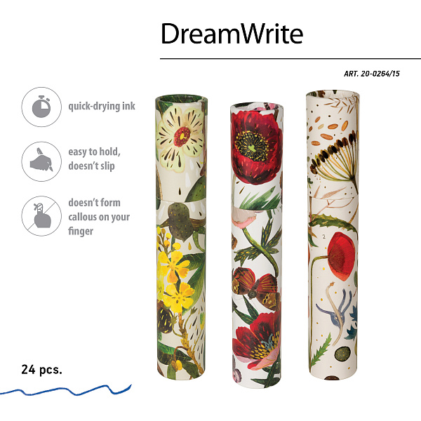 Ручка шариковая 0,7 мм "DreamWrite. "Flora.Bloom flowers" СИНЯЯ, 3 ВИДА 