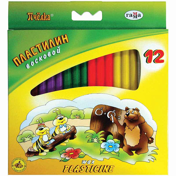 Пластилин восковой 12 цветов 180 г, Гамма "Пчелка", мягкий, со стеком, картонная упаковка