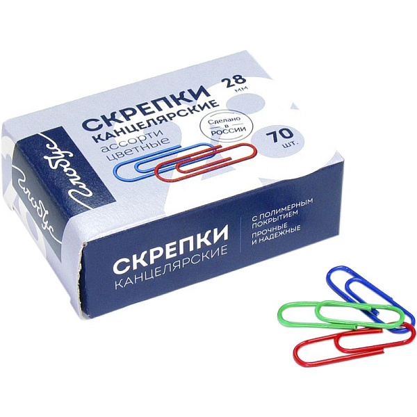 Скрепки 28 мм 70 шт овальные металлические цветные Глобус в картонной коробке/С28-70