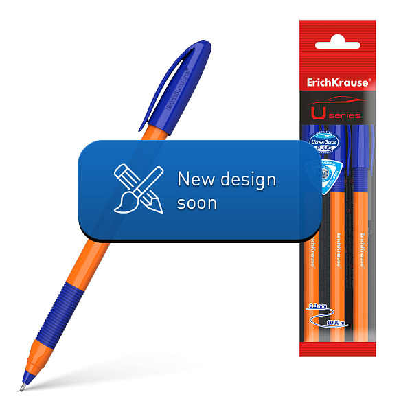 Набор из 3 ручек шариковых ErichKrause U-109 Stick&Grip Orange 0.7, Ultra Glide Technology, СИНЯЯ