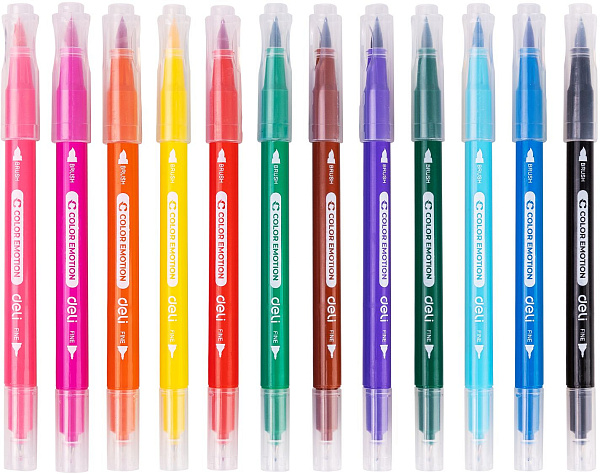 Фломастеры 12 цв. Deli Color Emotion двусторонние (кисть, игловидный) пластиковая коробка