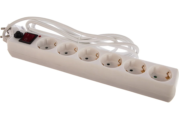 Сетевой фильтр SONNEN U-363, 6 розеток, с заземлением, выключатель, 10 А, 3 м, белый