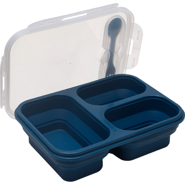 Ланчбокс складной герметичный "deVENTE" прямоугольный с 3-мя отделениями, 1300 мл, 24x17,5x7,5 см, в сложенном виде высота 4 см, силиконовый, с пластиковой крышкой, с пластиковой вилкой-ложкой в комплекте, темно-синий