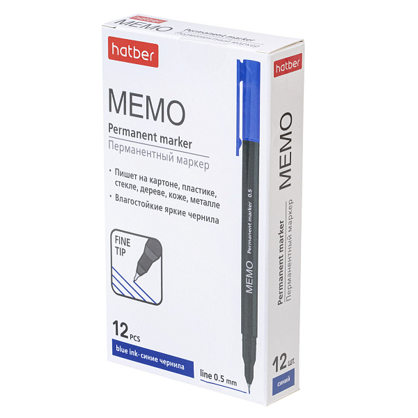 Маркер перм. 0,5 мм Hatber Memo  Синий в картонной коробке