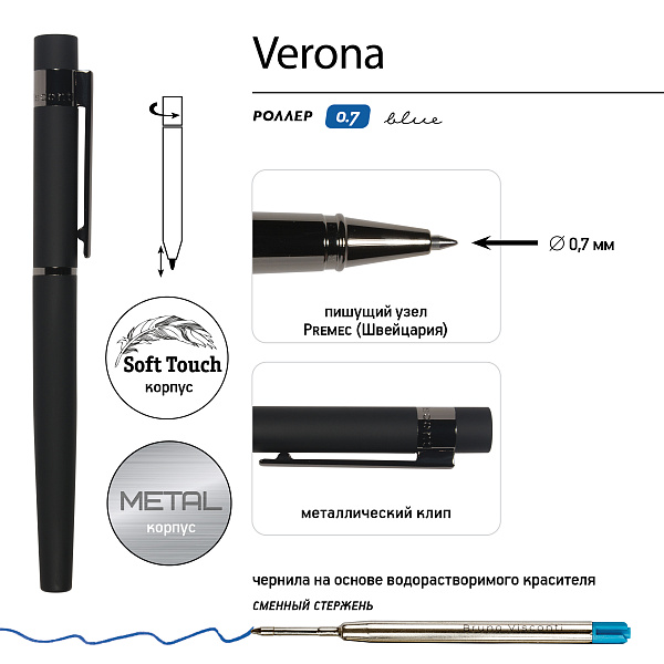 НАБОР "VERONA" Ручка шариковая 1.0 ММ И РОЛЛЕР 0.7 ММ, СИНИЕ (корпус черн, футляр Premium черный)