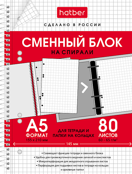 Сменный блок 80 л. А5 кл. для тетрадей на кольцах Универсальная перфорация  в индив.упак.