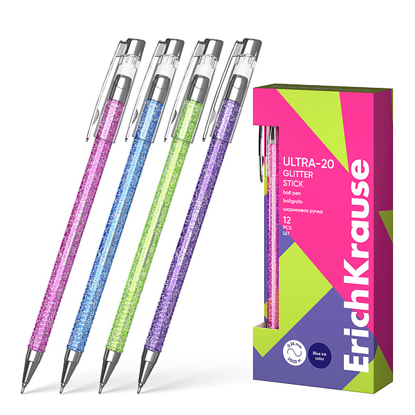 Ручка шариковая ErichKrause ULTRA-20 Stick Glitter,Super Glide Technology, СИНЯЯ, 0,7 мм 