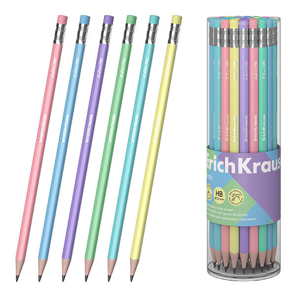 Карандаш ч/г HB ErichKrause Pastel, трехгранный , с ластиком, HB (в тубусе)
