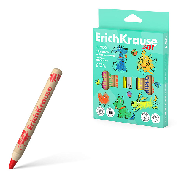 Карандаши 6 цв. ErichKrause Baby Jumbo утолщенные круглые, грифель 8 мм, c точилкой, деревянные (в коробке с европодвесом )