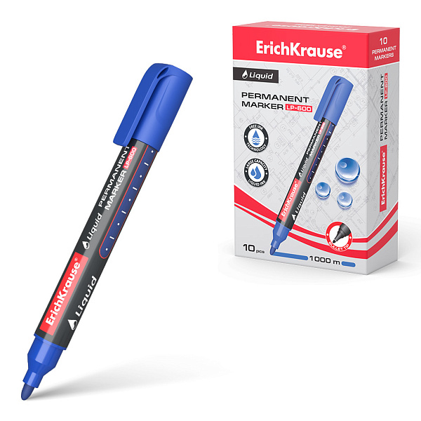 Перманентный маркер с жидкими чернилами ErichKrause® Liquid LP-600, цвет чернил синий (в коробке по 10 шт.)