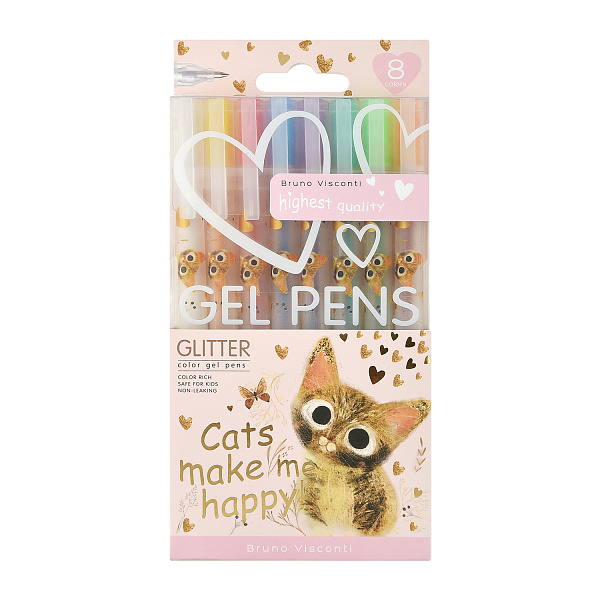 Набор гелевых ручек 8 цв. с блёстками "GLITTER. КОТИКИ ДЕЛАЮТ НАС СЧАСТЛИВЫМИ", 1.0 мм