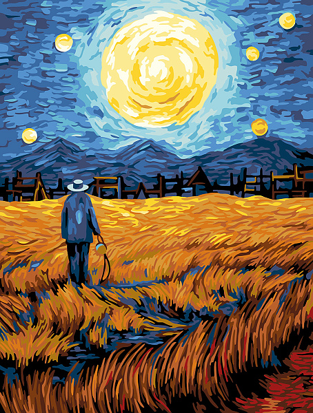 Картина по номерам 40*30 цветной холст "Звездная ночь над полем" "ФРЕЯ"