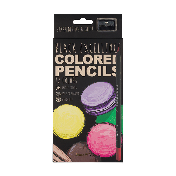 КАРАНДАШИ ЦВЕТНЫЕ ПЛАСТИКОВЫЕ  "Black Excellence" С ТОЧИЛКОЙ, 12 ЦВЕТОВ, 4 ВИДА (10702070/190723/3294953,КИТАЙ)