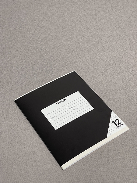Тетрадь 12 листов в косую линию ЧЕРНАЯ, обложка из мелованного картона (200г/м2), блок офсет (92%, 60г/м2)