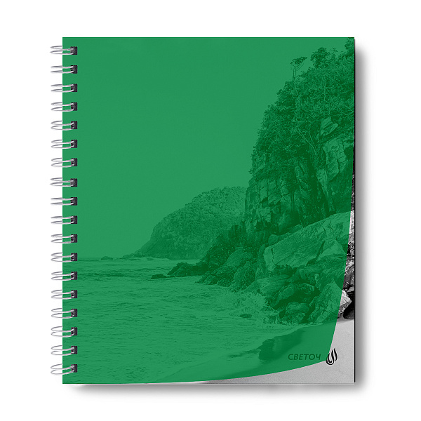 Тетрадь 48 л. кл. на гребне пластик. обложка "Утренний пейзаж, зелёная" ч/б запечат. титульн.лист, 180 мкм., A5 65 г/кв.м , белизна 100%. 01548 "Светоч"
