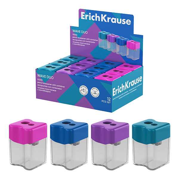 Точилка 1 отв. ErichKrause Wave Duo, Vivid, пластиковая, с контейнером, ассорти (в коробке-дисплее)