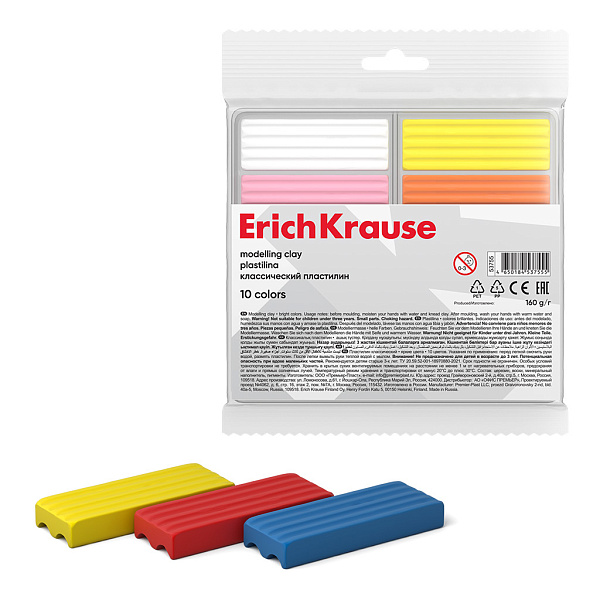 Пластилин 10 цв. ErichKrause light 160 г классический (во флоупаке с европодвесом 10 шт)