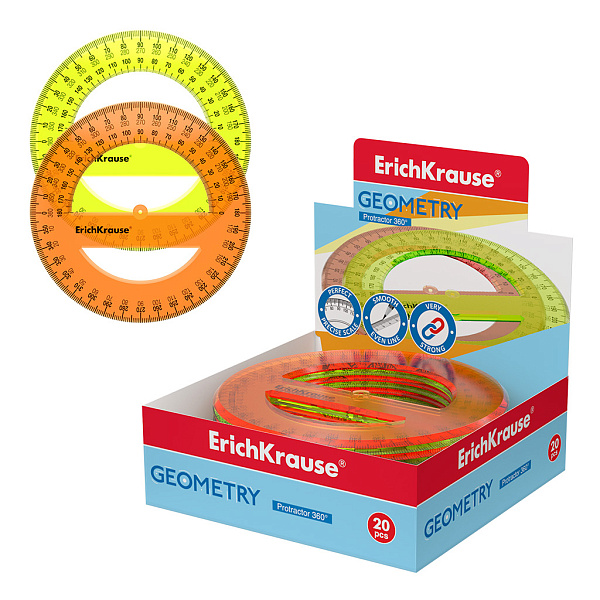 Транспортир 360° 12 см ErichKrause® Neon, ассорти из 2 цветов, в дисплее
