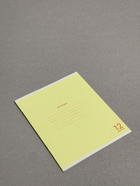 Тетрадь 12 листов в клетку ЖЕЛТАЯ, обложка из мелованного картона (200г/м2), блок офсет (92%, 60г/м2)