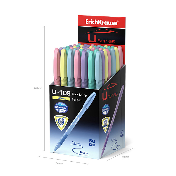 Ручка шариковая 1,0 мм ErichKrause® СИНЯЯ, U-109 Pastel Stick&Grip Ultra Glide Technology,в коробке по 50 шт.)