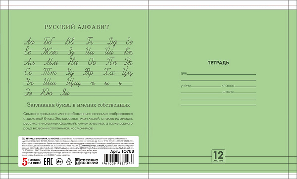 Тетрадь 12 листов в линию ЗЕЛЁНАЯ, обложка из мелованной бумаги (115г/м2), блок №2 (серые листы) (65%, 50г/м2)