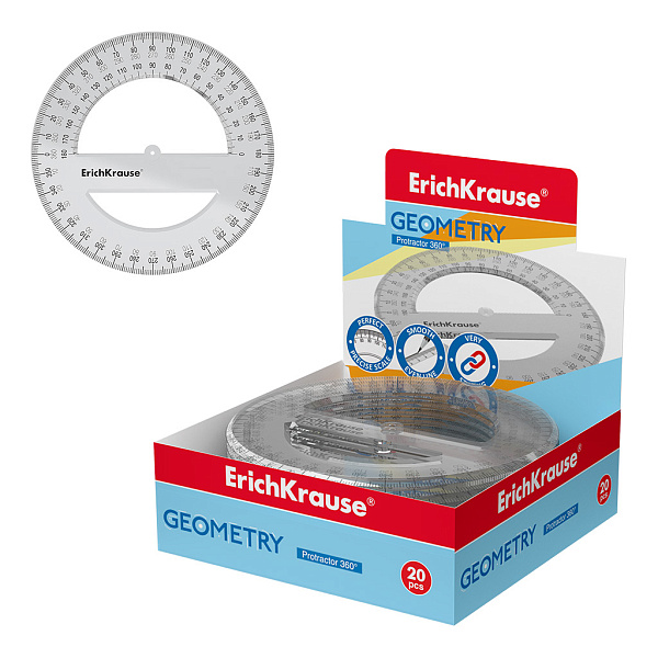 Транспортир 360° 12 см ErichKrause® Clear, прозрачный, в коробке дисплее