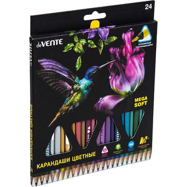 Карандаши 24 цв. "deVENTE. Triolino Ultra 4М. Metallic" 4М, д/рис. на черной бумаге, 3М, D грифеля 3 мм, трёхгранный корпус тонированный в черный цвет, покраска корпуса в цвет грифеля, в картонной коробке