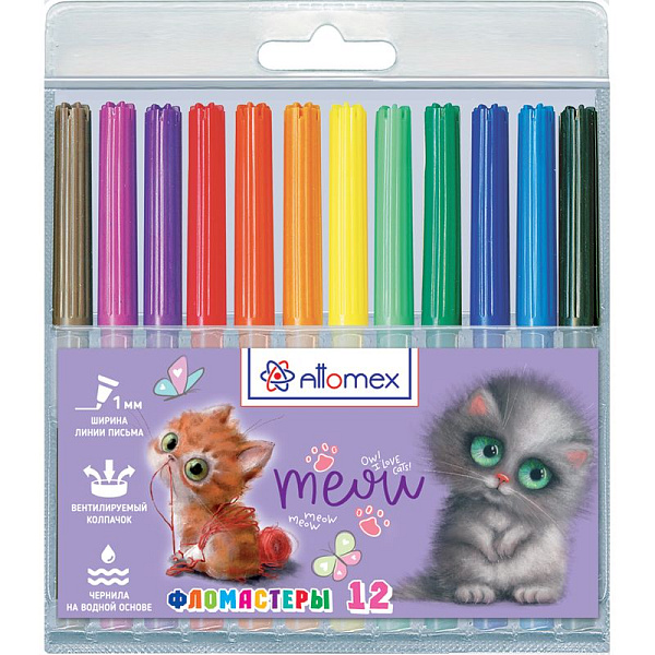 Фломастеры 12 цв. "Attomex. Meow Cat" в блистере пластик., с вентилируемым колпачком 
