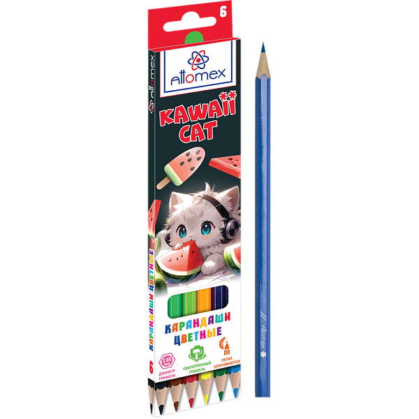 Карандаши 6 цв. "Attomex. Kawaii Cat" М, диаметр грифеля 2,65 мм, шестигранные, в картонной коробке