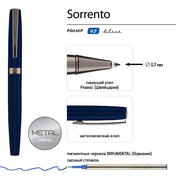 НАБОР "SORRENTO" Ручка шариковая 1.0 ММ И РОЛЛЕР 0.7 ММ, СИНИЕ (корпус син, футляр Premium черн)