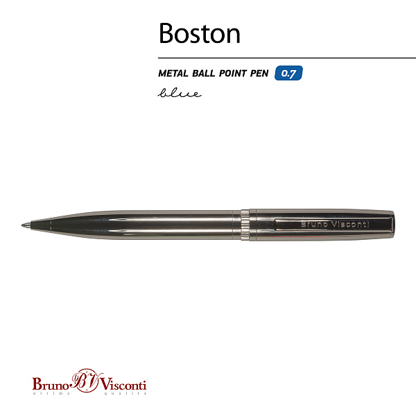 Ручка "BOSTON" шарик. автомат. 0,7 мм, МЕТАЛЛИЧЕСКИЙ КОРПУС ЧЕРНЫЙ ВОРОНЕНАЯ СТАЛЬ СИНЯЯ