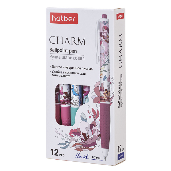 Ручка шариковая автомат. 0,7 мм Hatber Charm, Синяя на масл.основе с резиновым грипом -Ассорти 