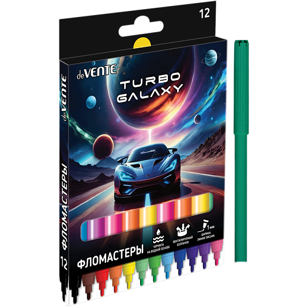Фломастеры 12 цветов "deVENTE. Turbo Galaxy" с вентилируемым колпачком, в картонной коробке с подвесом