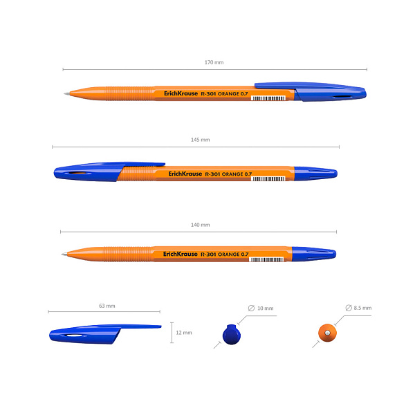 Набор из 8 ручек шариковых ErichKrause R-301 Stick Orange 0.7, СИНЯЯ (в пакете)