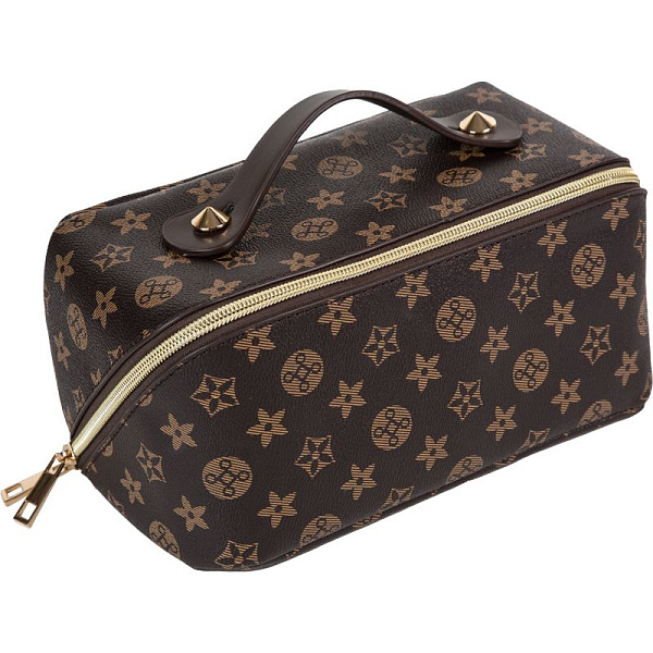 Пенал-косметичка "deVENTE. Monogram" 24x12x12 см, прямоугольный для 150 пр. на молнии, коричневый, внутренние карманы и отделения, со складной ручкой для переноски, искусственная кожа до -40C с антивандальной фактурой, с подкладом из эко кожи, 