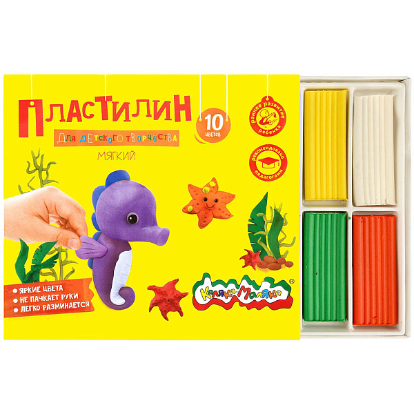 Пластилин мягкий (восковой) 10 цв. 150 гр.  "Каляка-Маляка" Для детского творчества, со стеком