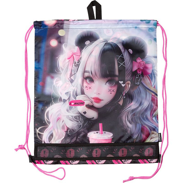 Сумка для сменной обуви "deVENTE. I Love Anime" 40x47 см, водоотталкивающая ткань, на веревочной завязке, с вставкой из пластиковой сетки для вентиляции, с петлей для повеса и переноски