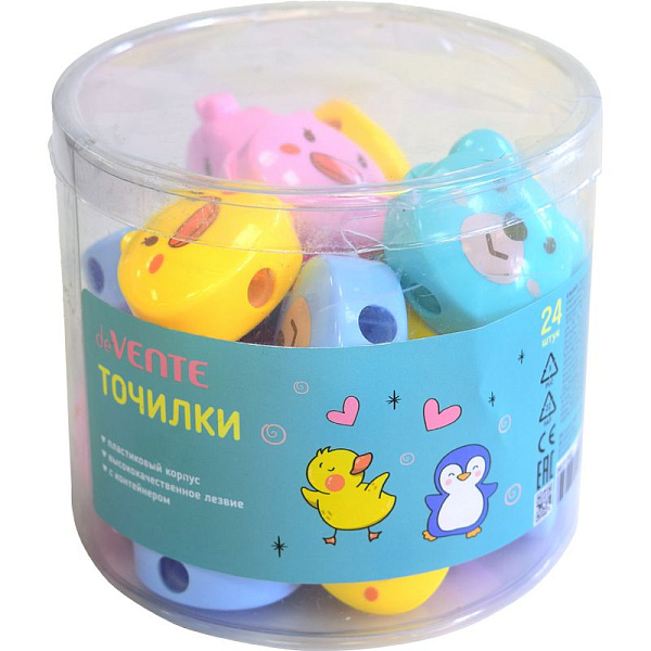 Точилка 1 отв. "deVENTE. Lucky duck" с контейнером, пластмассовая в форме утенка, в пластиковой тубе, ассорти