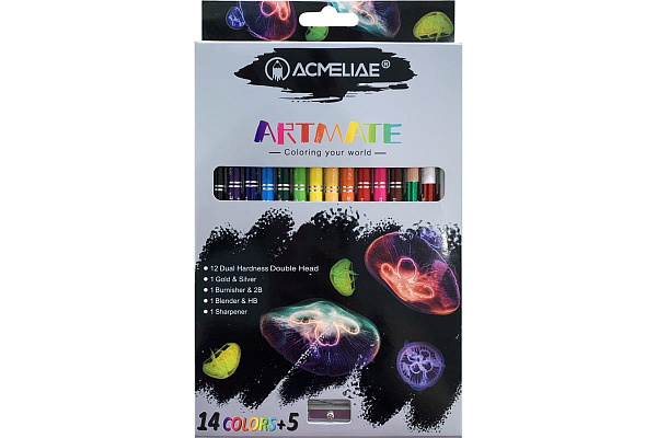 Набор для рисования ACMELIAE 15 двусторонних карандашей + точилка, в картонном футляре,