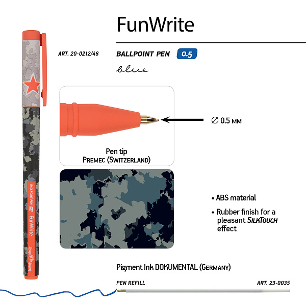 Ручка шариковая 0,5 мм "FunWrite. Military. Airforce" СИНЯЯ