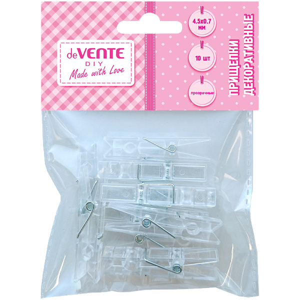 Прищепки декоративные "deVENTE. DIY Transparent" пластиковые, 45x7 мм, 10 шт, прозрачные, в пластиковом пакете с блистерным подвесом