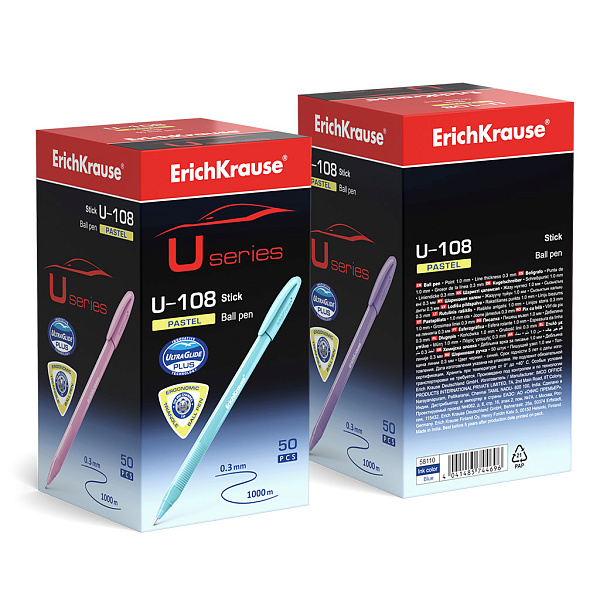 Ручка шариковая ErichKrause U-108 Stick Pastel 0.7, Ultra Glide Technology, СИНЯЯ