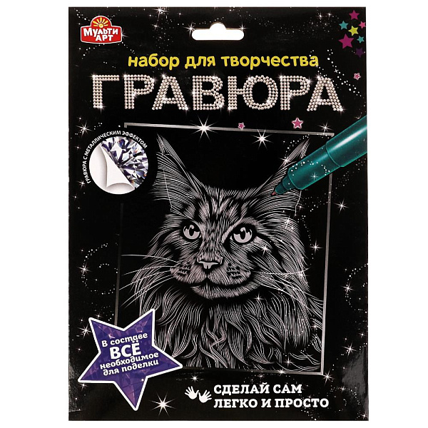 Гравюра А5+ 18*24 см "Кот", серебряная МУЛЬТИ АРТ в кор.120шт