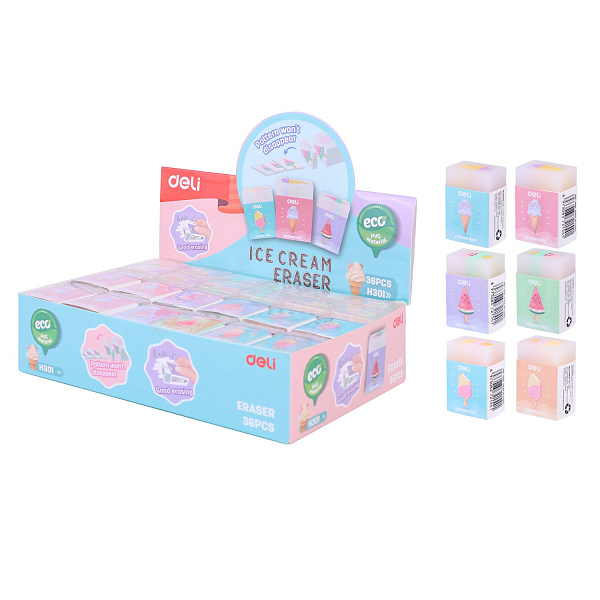 Ластик Deli прямоугольный 38х25х17мм ассорти индивидуальная картонная упаковка