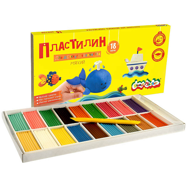 Пластилин мягкий (восковой) 18 цв. 270 гр.  "Каляка-Маляка" Для детского творчества, со стеком