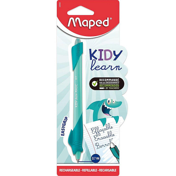 Ручка шариковая со стираемыми чернилами Maped KIDY LEARN SHARK СИНЯЯ 0,7 мм, с ластиком, с тренажером для постановки письма,  с возможностью перезарядки картриджа, цвет корпуса бирюзовый, в блистере