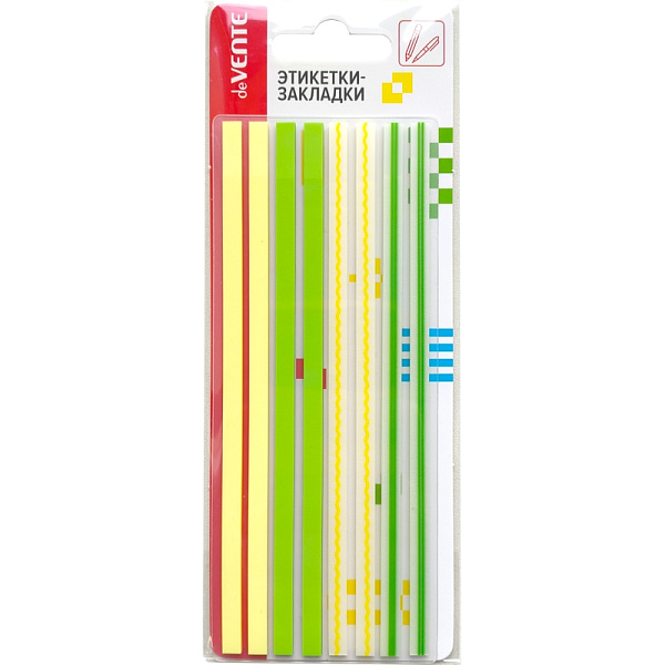 Набор самоклеящихся этикеток-закладок "deVENTE" пластиковые полупрозрачные с дизайном, 140x5 мм, 8x20 листов, 4 дизайна, в картонном блистере и пластиковом пакете с европодвесом, желтые